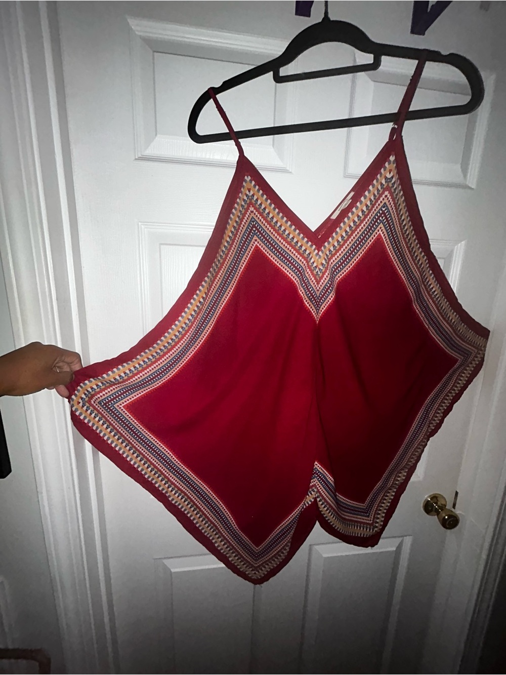 meraki Red V-Neck Spaghetti Strap Camisole with Multicolor Geometric Trim